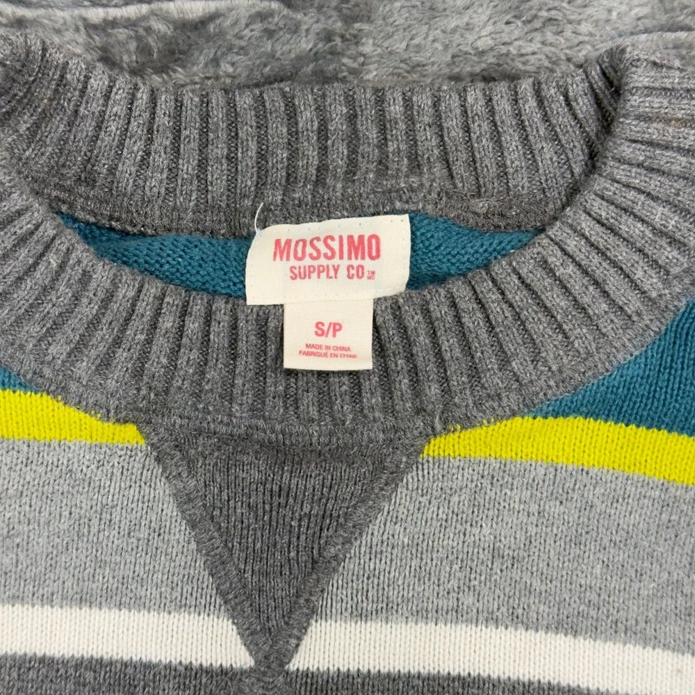 Mossimo Mens Small Striped Cotton‎ Crewneck Sweater Grey Teal Neon Yellow